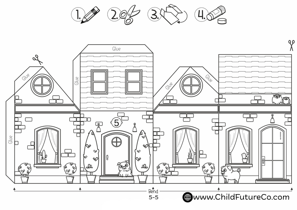 Printable 3D Paper 5 Houses Craft – Color, Cut & Build Activity for Kids