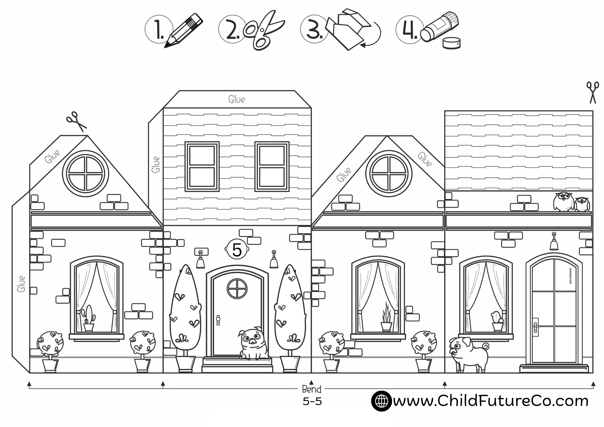 Printable 3D Paper 5 Houses Craft – Color, Cut & Build Activity for Kids