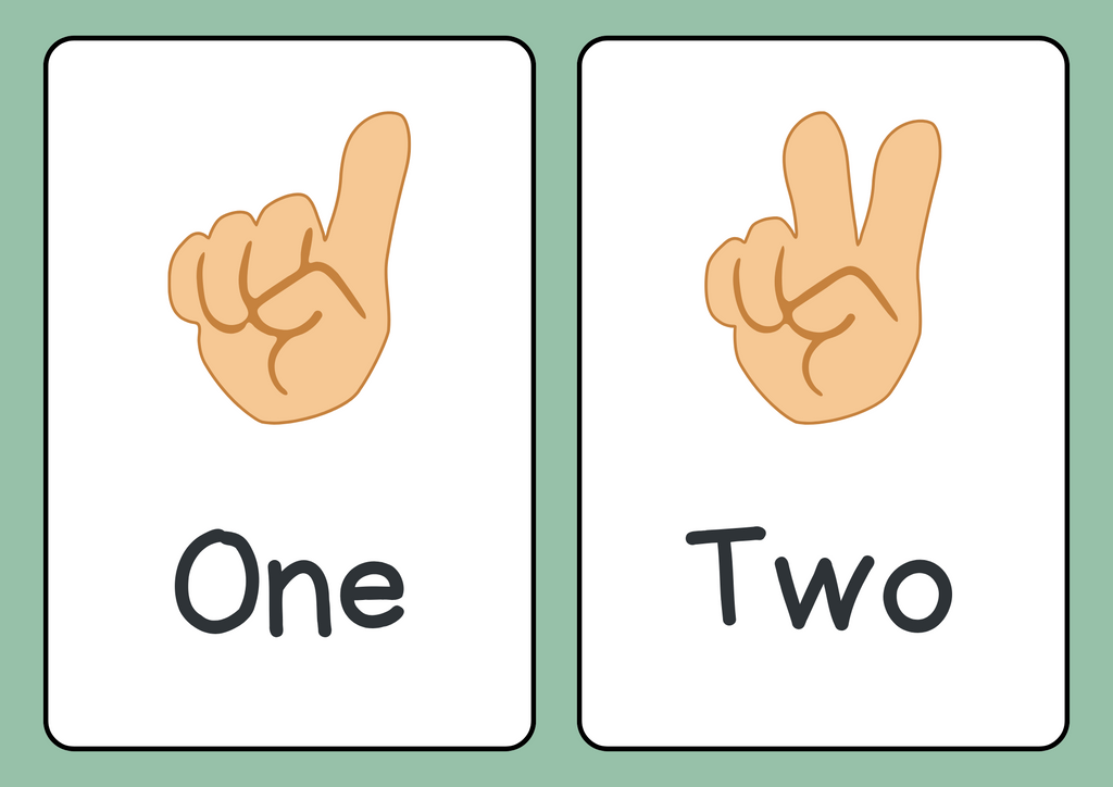 Printable Counting Hand Numbers Flashcards – Green & White Minimalist Style (1–10)