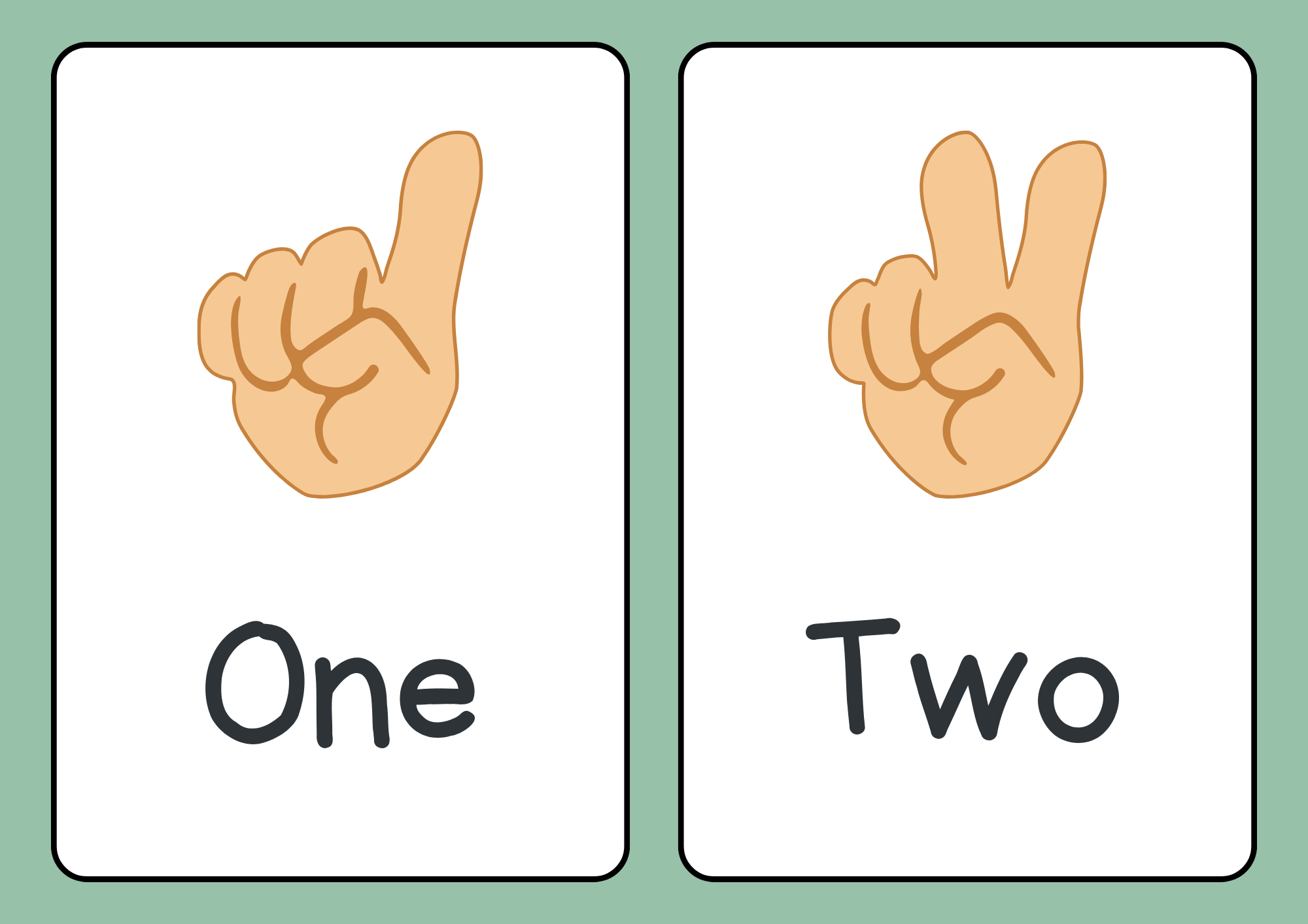 Printable Counting Hand Numbers Flashcards – Green & White Minimalist Style (1–10)