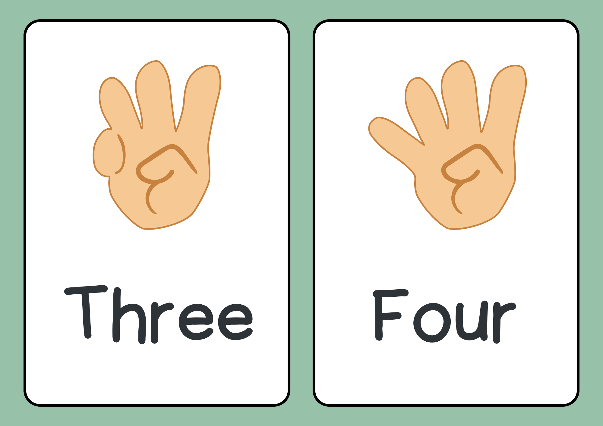 Printable Counting Hand Numbers Flashcards – Green & White Minimalist Style (1–10)