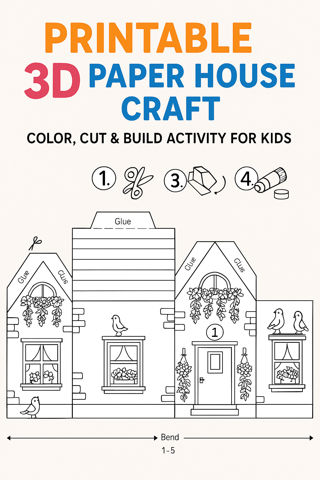 Printable 3D Paper 5 Houses Craft – Color, Cut & Build Activity for Kids