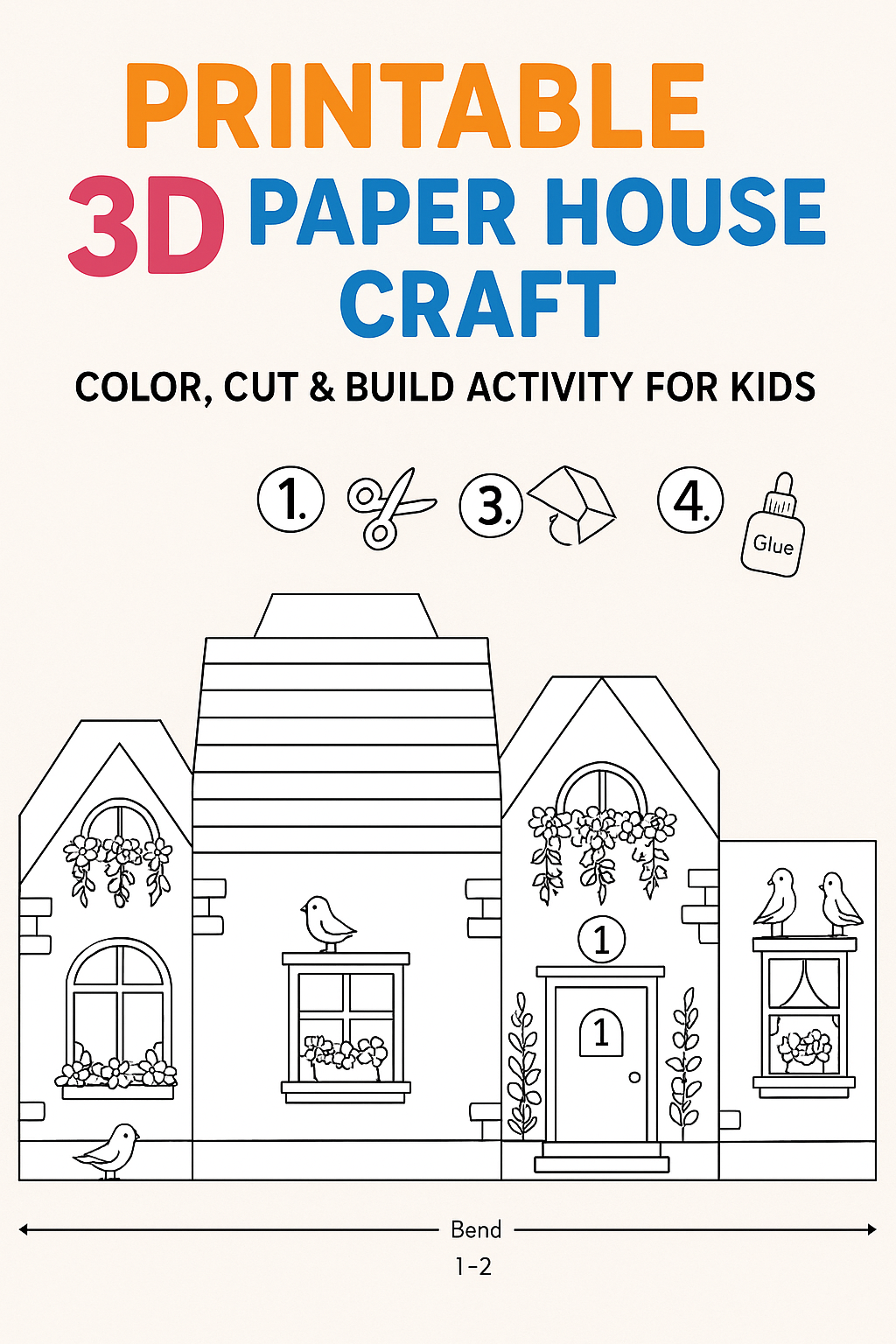 Printable 3D Paper 5 Houses Craft – Color, Cut & Build Activity for Kids